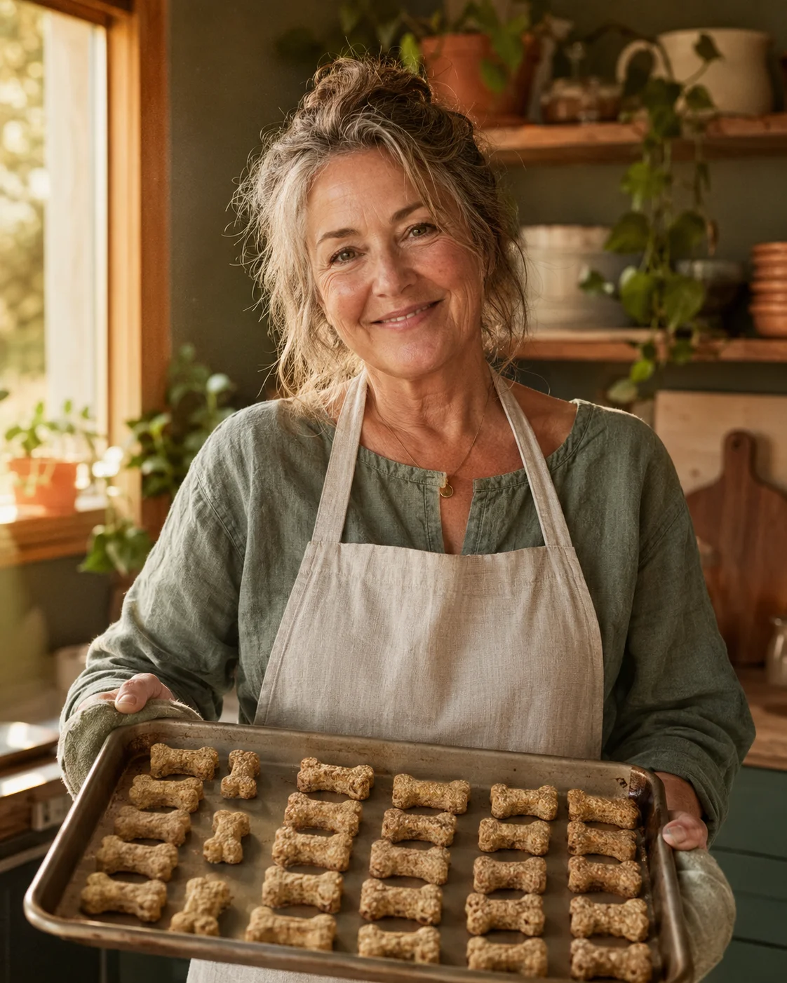 Home baker holding a tray of dog biscuits